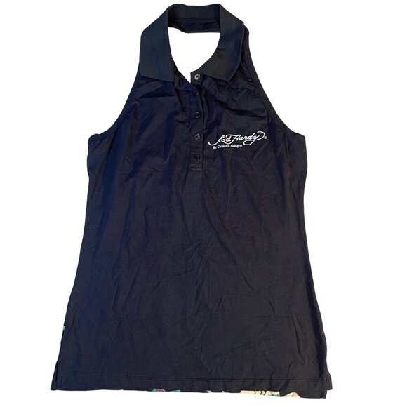 RARE Ed Hardy Womens Vintage Y2K Tattoo Wear Halter Collar Button Cotton T Large - Picture 2 of 10